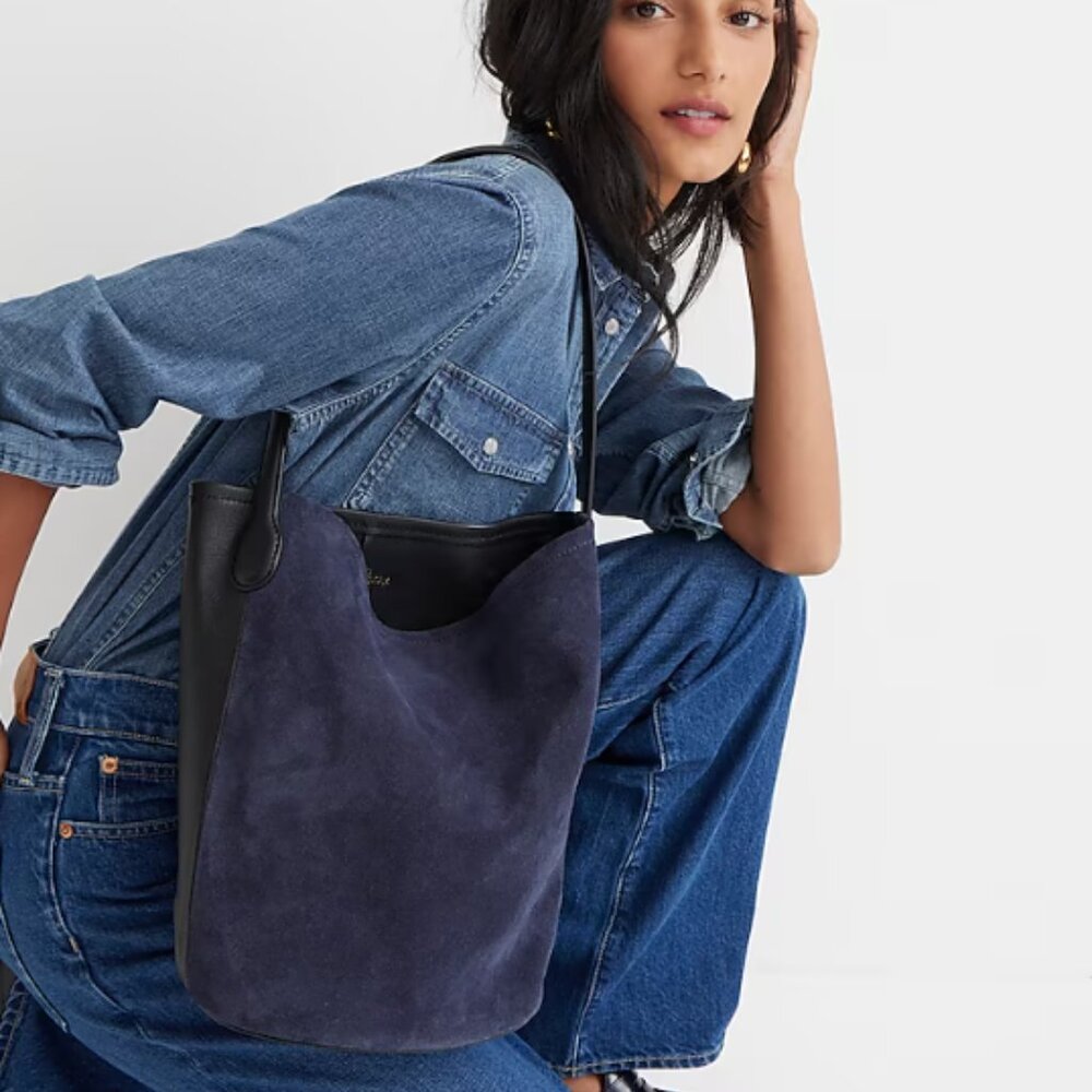 J. Crew Berkeley bucket bag in leather in blue suede and black leather colorway